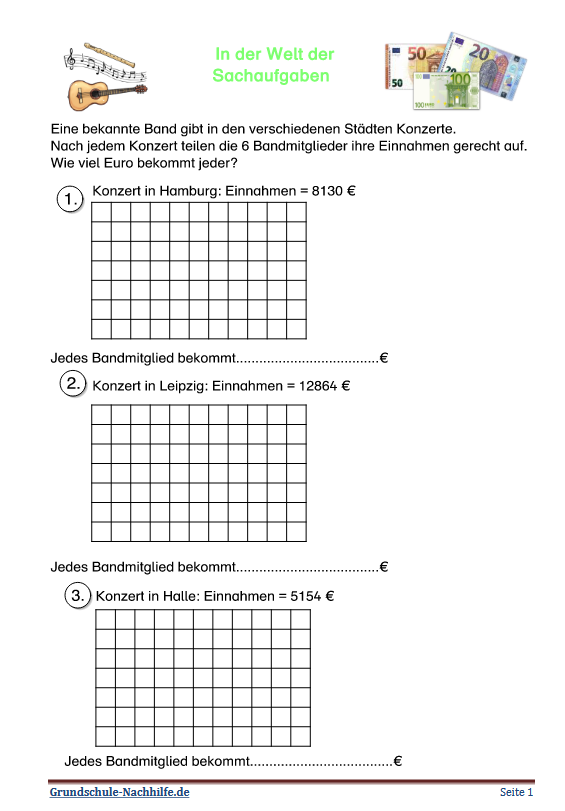 Arbeitsblatt Mathe Klasse 3,4,5 Sachaufgaben Einheit Geld